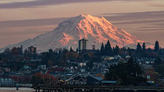 Tacoma waterfront at sunset with Mount Rainier behind